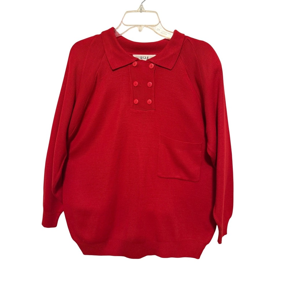 SEGUE Red Collared‎ 6 Button Placket Pullover Sweater Sz M Vintage Shoulder Pad